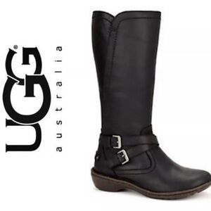 UGG Women ROSEN Black Leather Boots, Wool, Side Zip, Double Strap Buckle